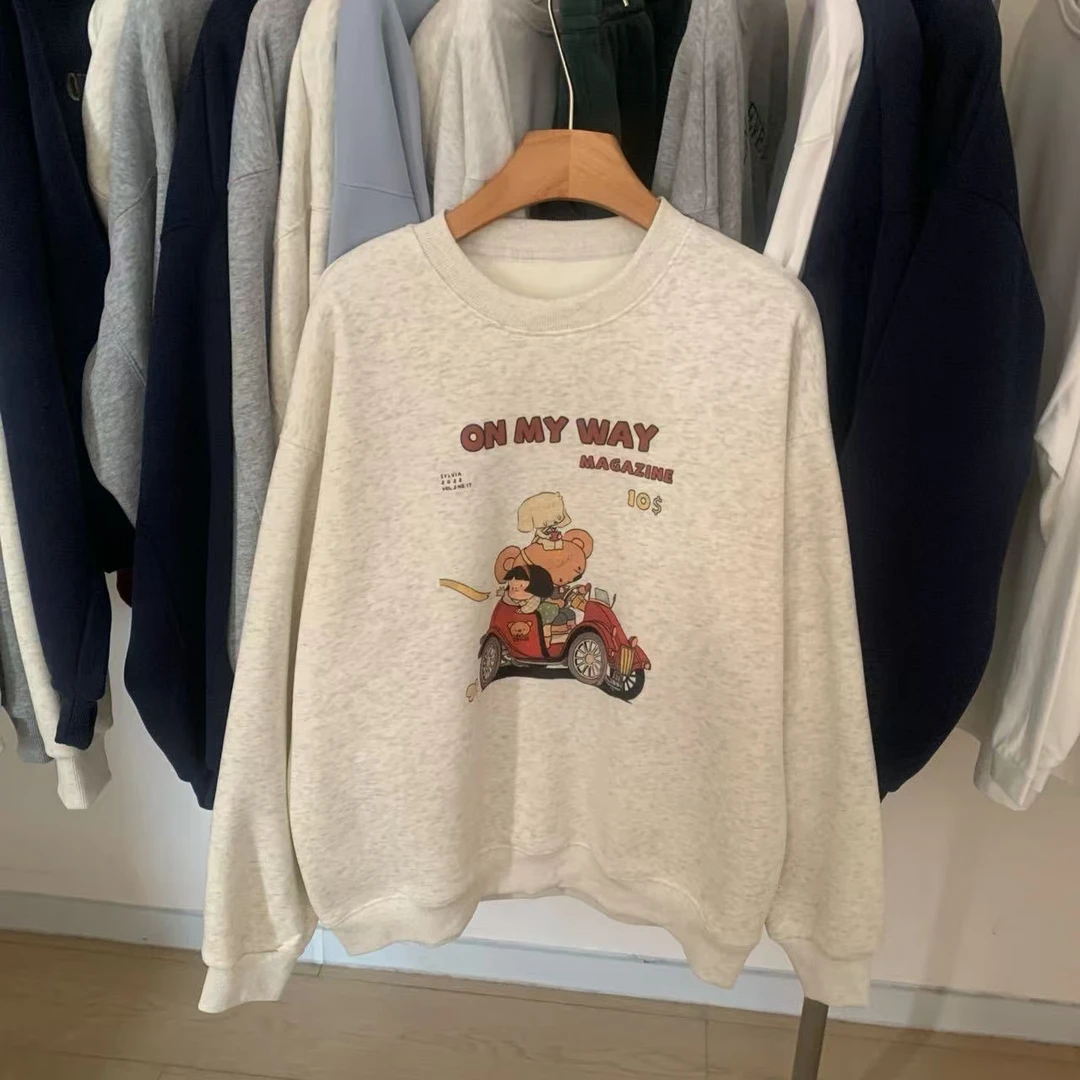 大版开车小熊加绒卫衣  百搭  卡通  宽松  圆领