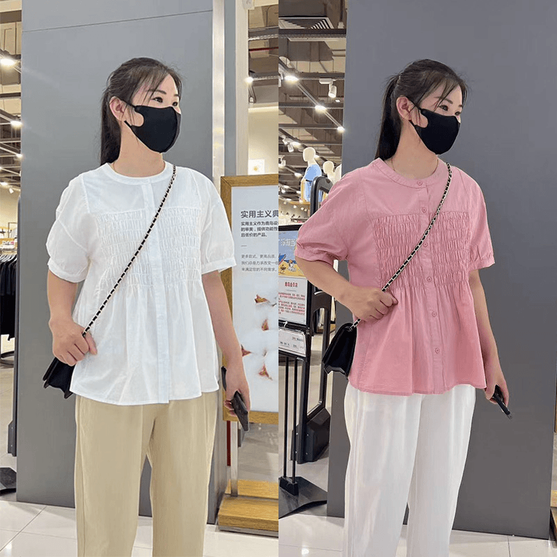 设计感小众褶皱全棉短袖衬衫女2024夏季新款宽松显瘦遮肚休闲上衣