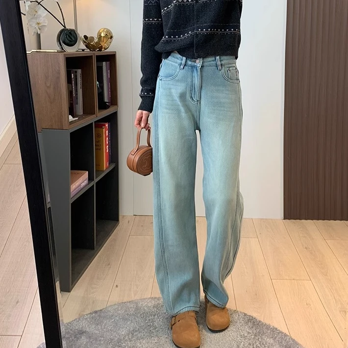 立裁高腰加绒阔腿牛仔裤女2024秋冬款梨形身材宽松显瘦香蕉弯刀裤
