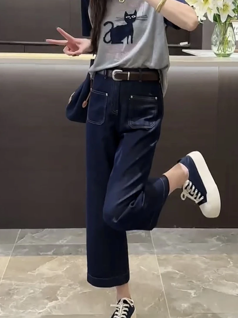 2024年夏季薄款宽松百搭直筒裤女梨形身材显瘦大码直筒八分牛仔裤