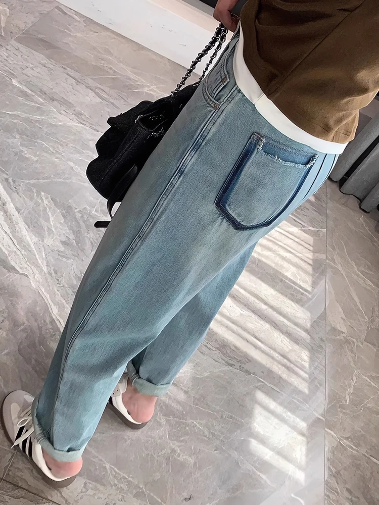 复古水洗浅蓝色高腰直筒牛仔裤女2024秋季新款大码显瘦垂感阔腿裤