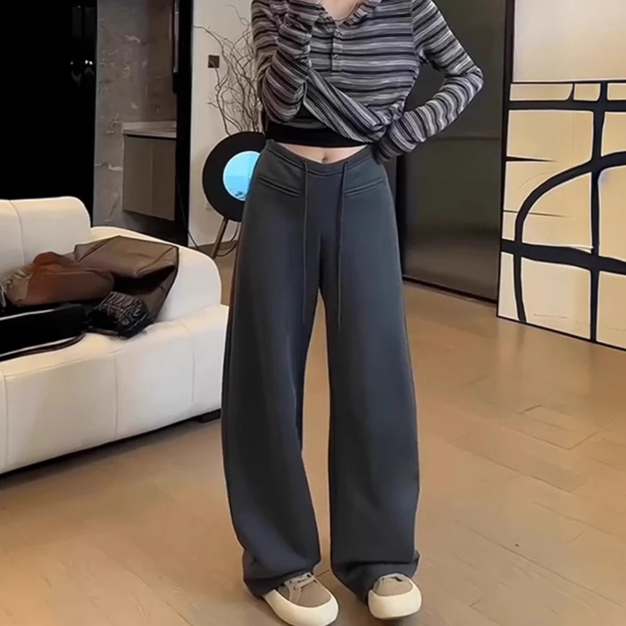 大码黑灰色系弯刀休闲裤女秋冬加绒加厚梨形MM宽松显瘦阔腿香蕉裤