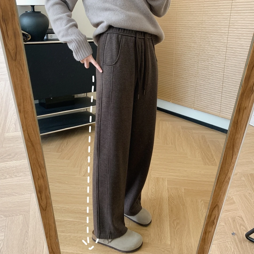 双走线窄版人字纹毛呢裤2025秋冬新款梨型身材宽松显瘦香蕉休闲裤