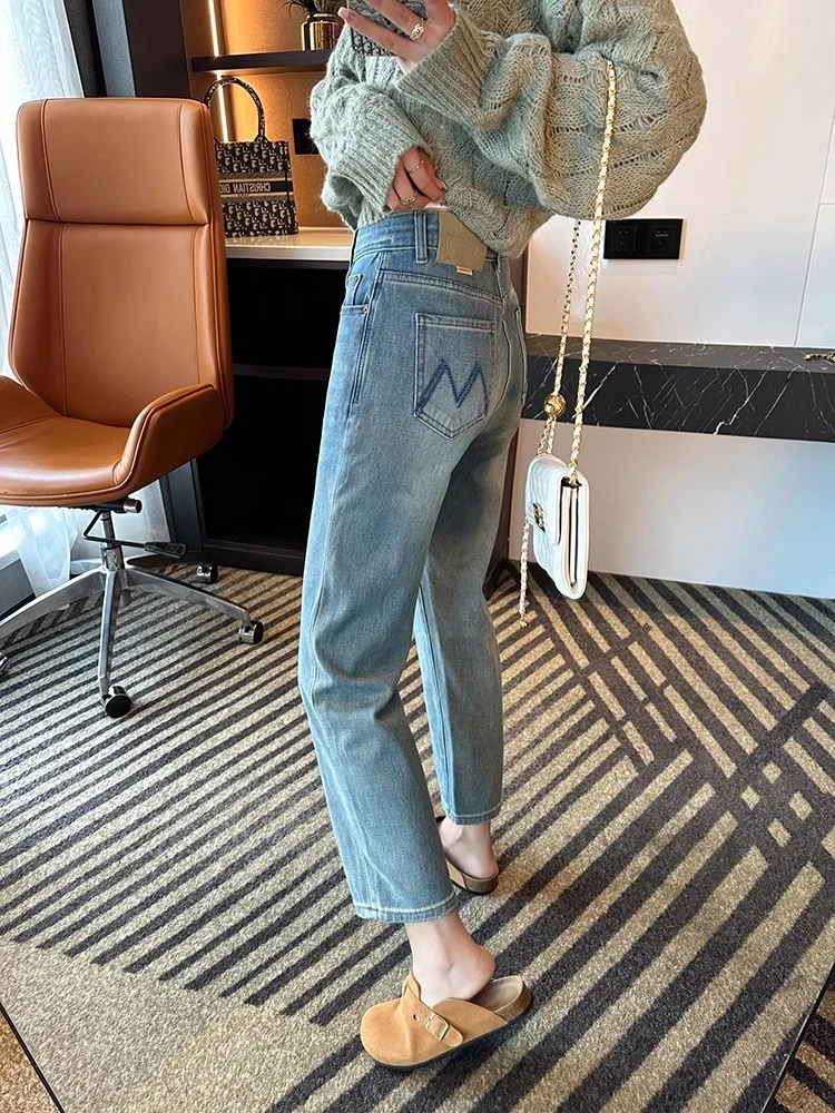 秋季百搭窄版小个子牛仔裤胖MM梨型身材高腰显瘦宽松九分牛仔裤子