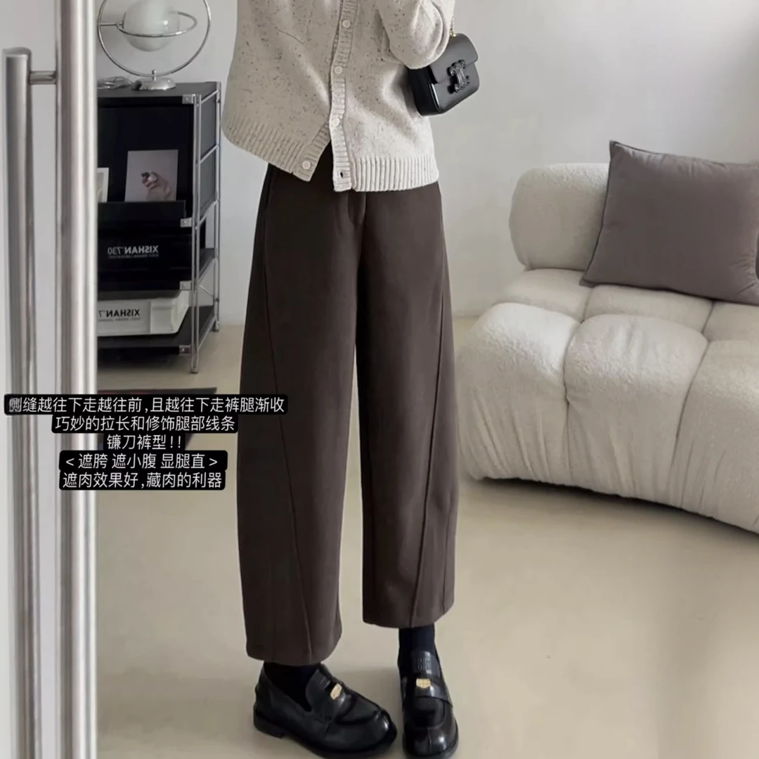 小个子遮肉显瘦斜裁毛呢休闲裤女春秋梨形身材百搭九分镰刀气球裤
