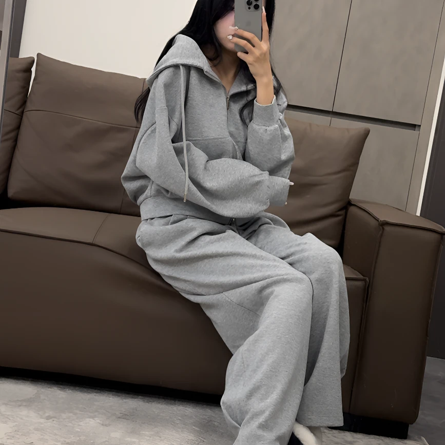 倪不叶【卫衣+阔腿休闲裤】随意松弛感双拉链时髦连帽运动套装宽松