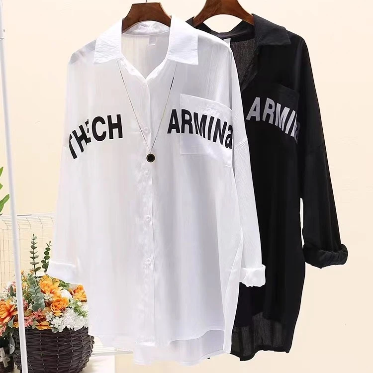 时尚休闲百搭polo领外套女夏季新款衬衫潮流防晒衣长袖字母印花