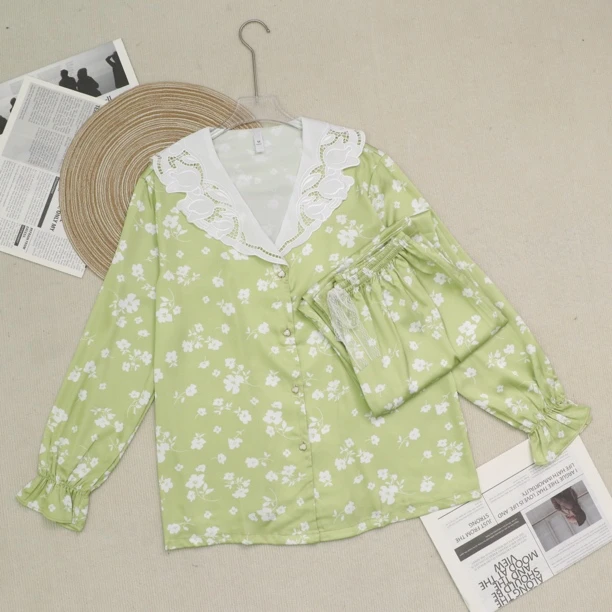 鹏绿太阳花长裤长袖不带胸垫两件套睡衣女