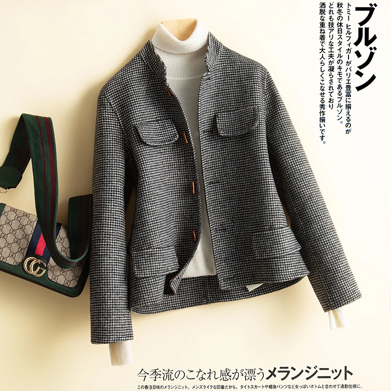 秋冬新款双面羊毛大衣女短款立领千鸟格小个子修身百搭羊毛呢外套