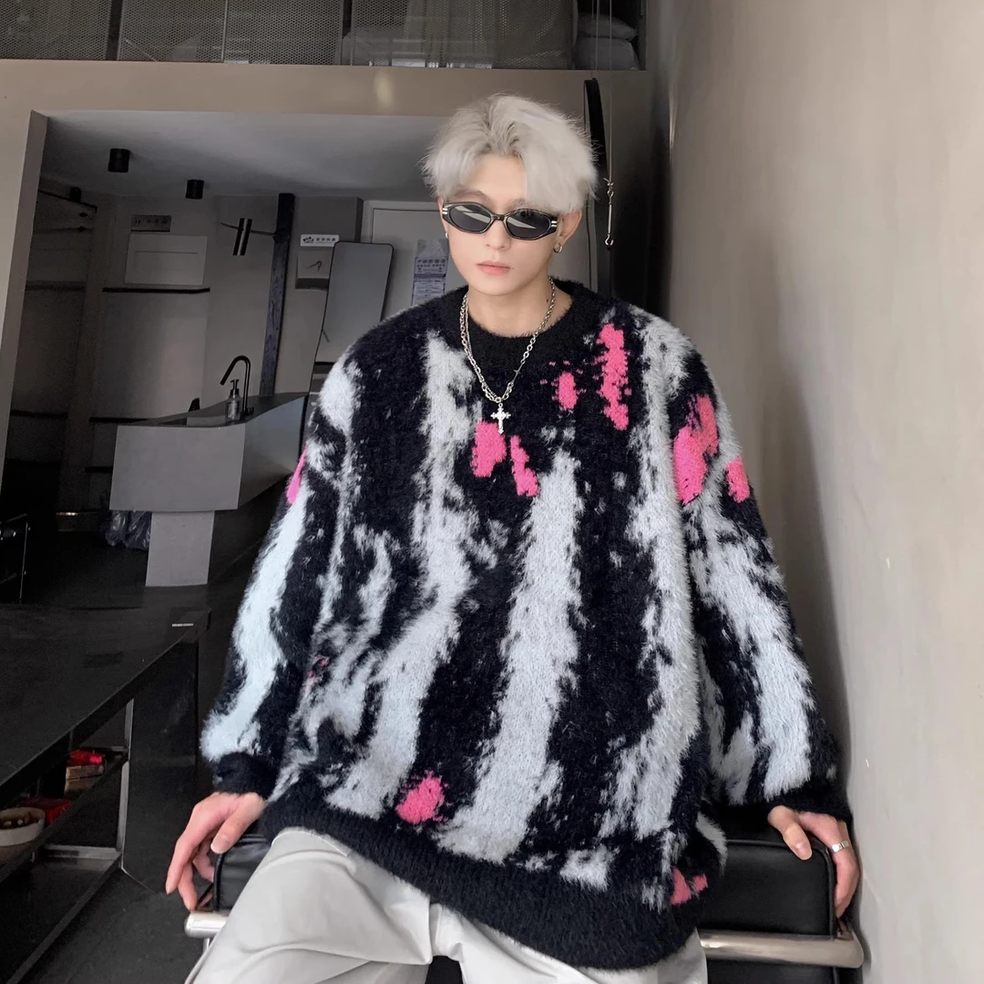 慵懒风扎染毛衣男款秋冬季高级感痞帅美式街头嘻哈情侣针织衫毛衣