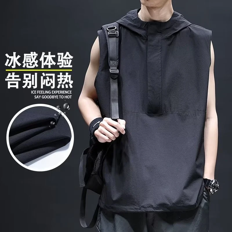 夏季冰丝连帽背心男薄款宽松百搭休闲运动健身无袖T恤男士上衣潮