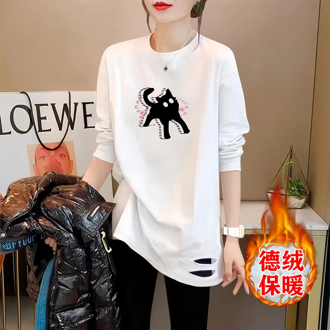 双面绒秋冬长款下摆破洞打底衫女加绒加厚保暖内搭搭配鲨鱼裤上衣