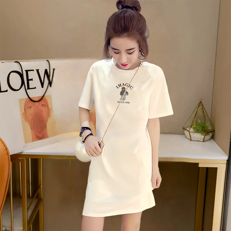 2025夏季新款气质收腰显瘦连衣裙弹力白色长裙印花百搭圆领t恤女