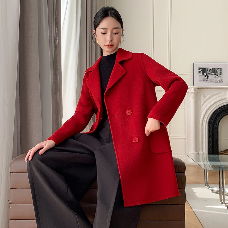 XP2318新款中长款显瘦双面羊毛大衣原创设计气质简约外套纯色