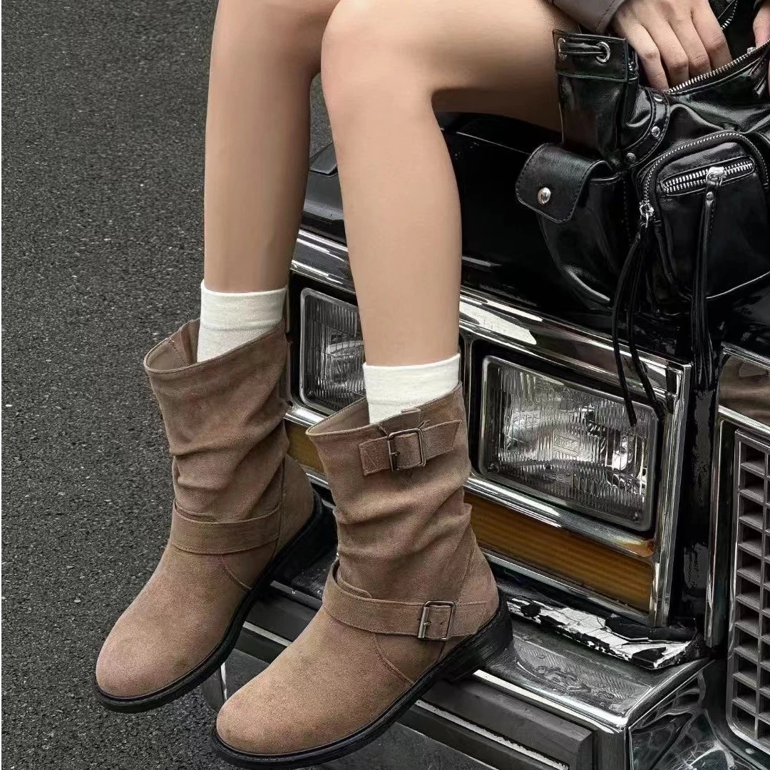 秋季新款中筒靴牛仔时尚休闲百搭真皮复古英伦风秋冬高帮弹力百搭