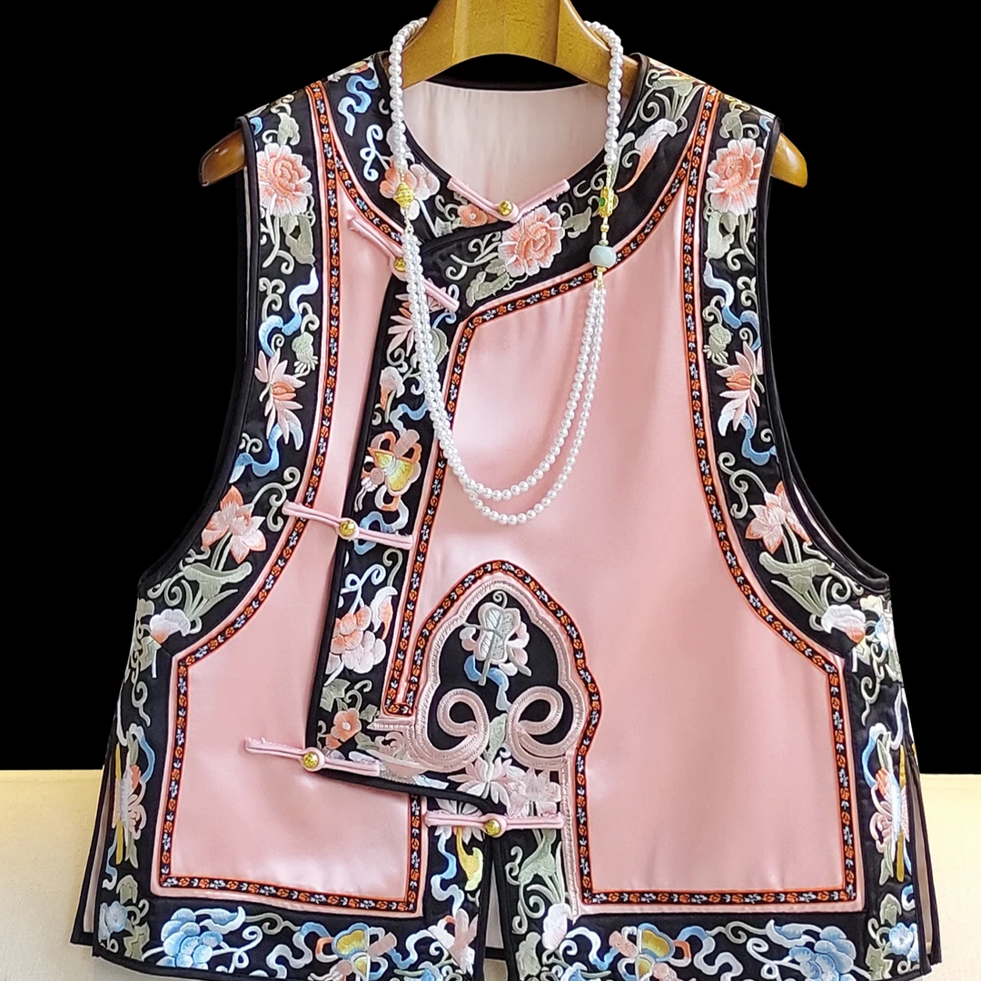 高级感重工刺绣醋酸马甲背心女秋装新复古盘扣新中式叠穿马夹