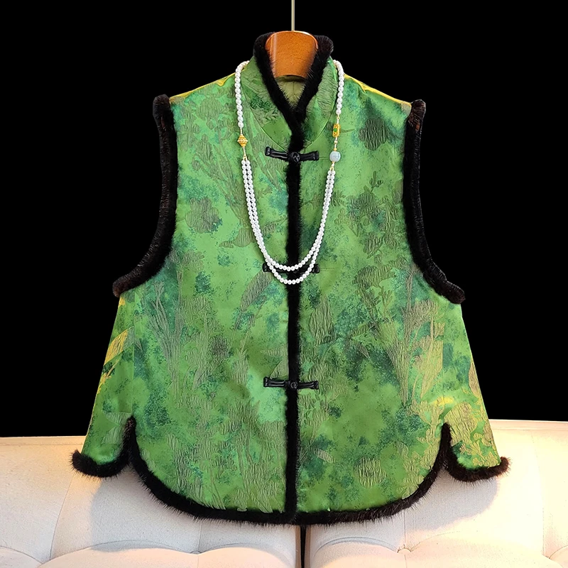 新中式提花棉马甲女冬季原创设计水貂毛