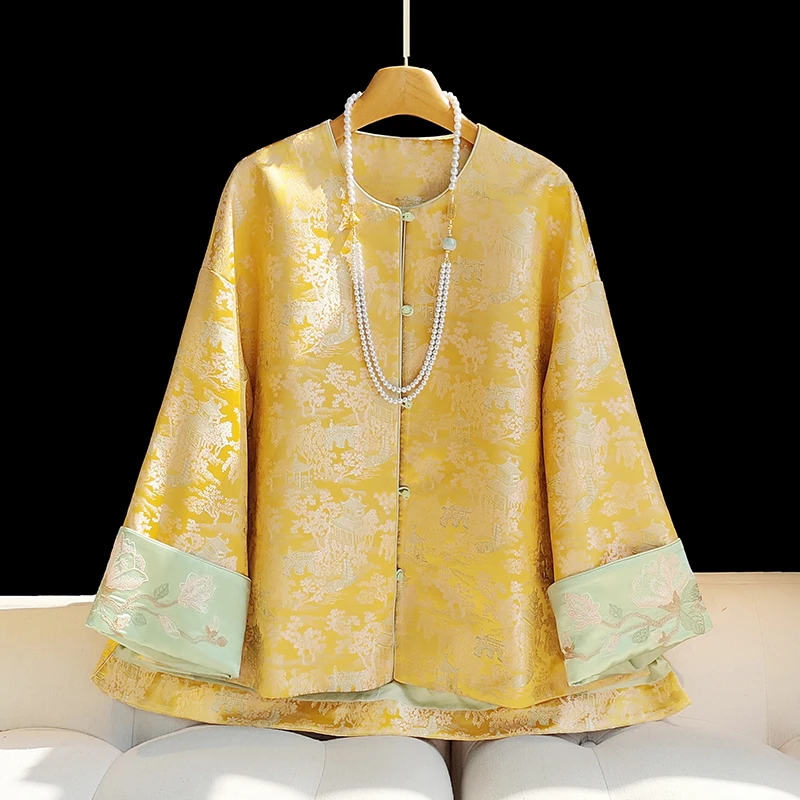 南油国风黄色新中式提花外套女秋冬新款