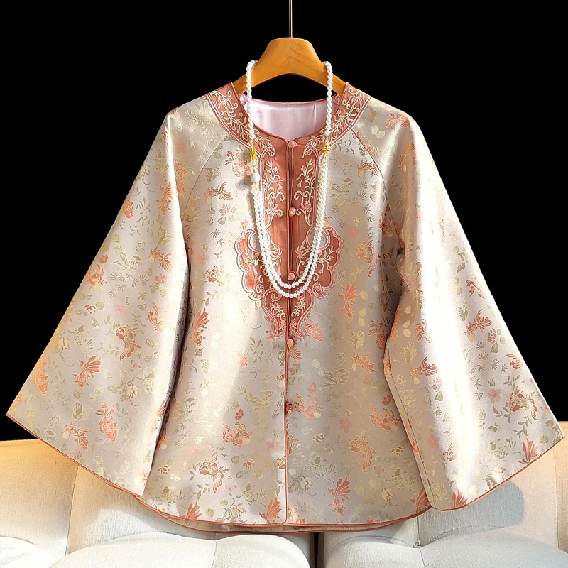 新中式女士短外套秋装女装倒大袖复古提花国风上衣