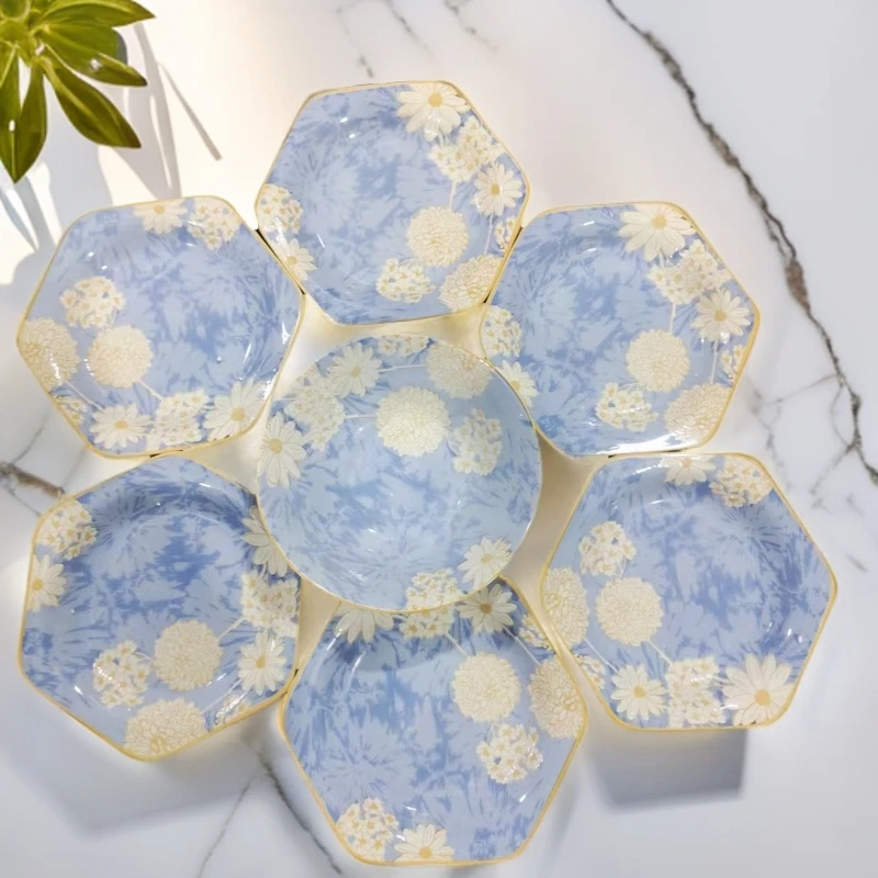 浮雕时光漫步洋气餐具盘碗复古家用陶瓷套餐7件套套装时尚款加厚