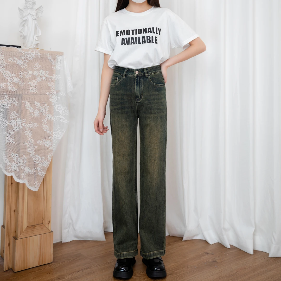 胖mm高腰显瘦牛仔长裤大码百搭设计感小众直筒阔腿裤-10020