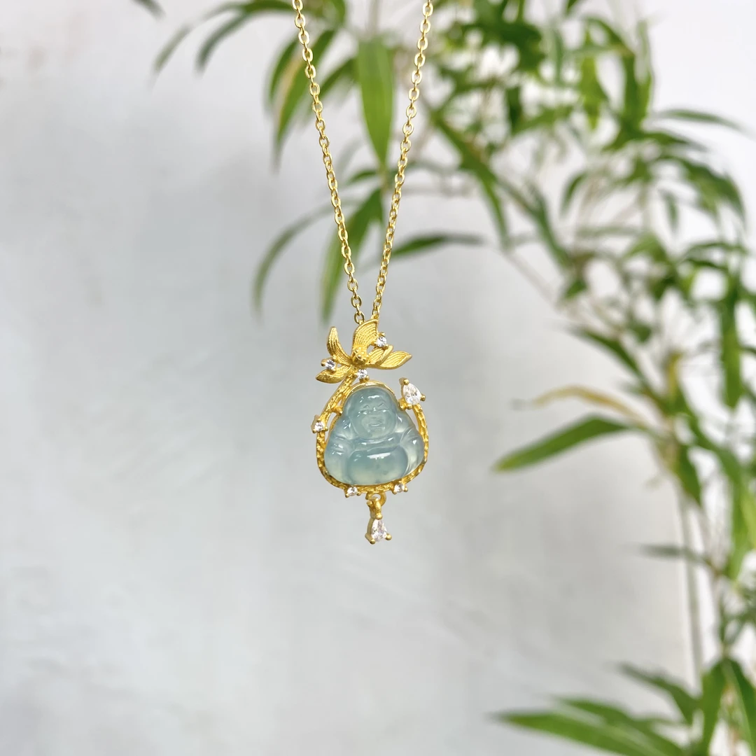 天然蓝水翡翠佛公吊坠网红爆款S925银古法金莲花新中式吊坠