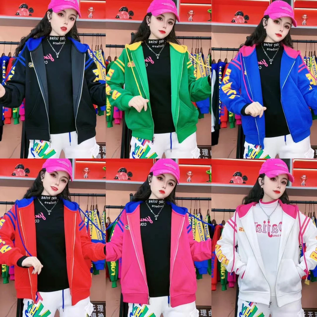 韩版休闲时尚宽松潮流印花拼接重工拉链开衫连帽春秋季女外套8982