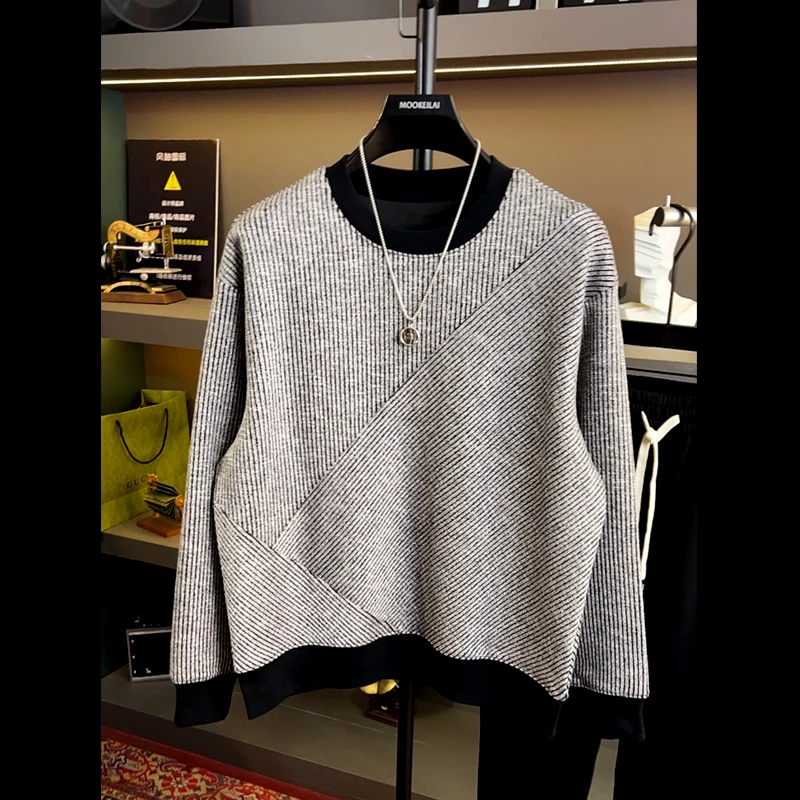 加绒男装卫衣港风个性提花斜纹男士上衣宽松休闲花灰色冬季新品潮