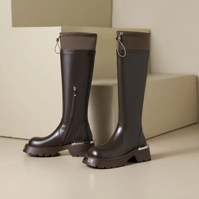 【大罗专属】厚底拼接松紧口方头高筒靴厚底舒适女时装靴XM8093