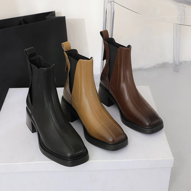 【大罗专属】英伦风软皮真皮小短靴女圆头百搭粗跟切尔西靴XM8063