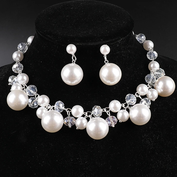 合金仿水晶项链 30080大颗珠珠水晶项链带耳饰新娘配饰大气