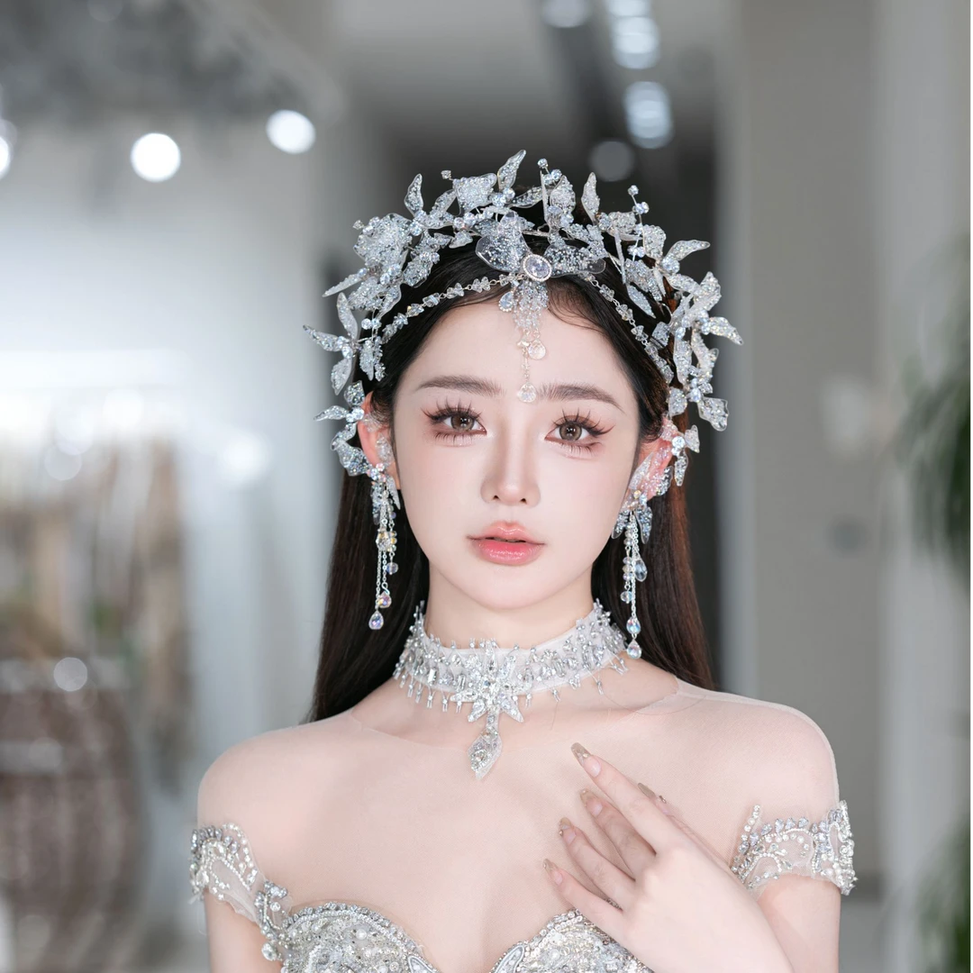 合金仿水晶婚庆饰品 喜看优选00875新款水凝胶蝴蝶头箍锆石配饰