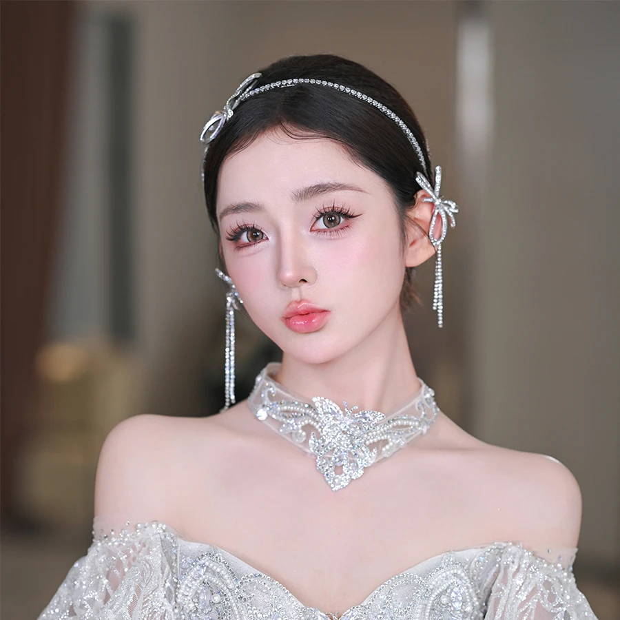合金仿水晶婚庆饰品 00889新娘礼服配饰水晶蝴蝶结头箍流苏耳环