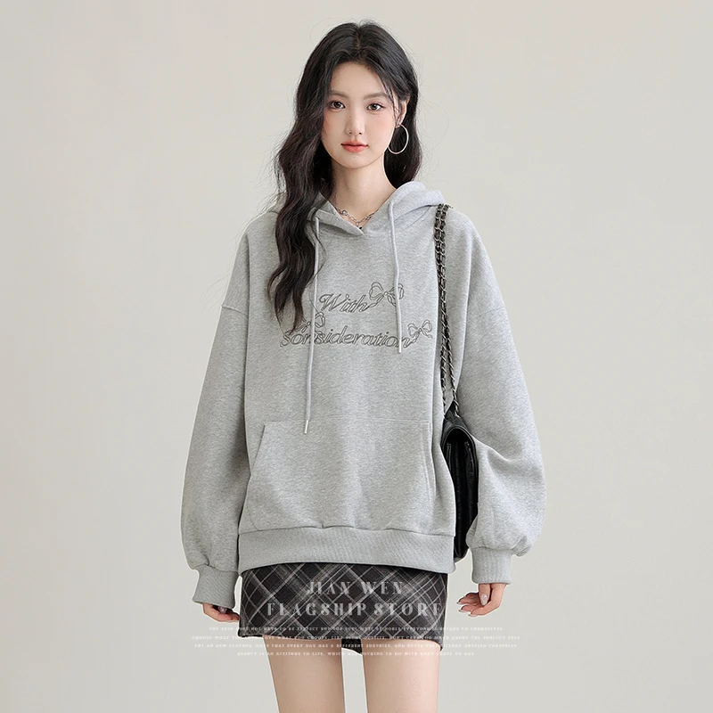 2025秋季新款美式刺绣字母连帽卫衣外套女宽松设计慵懒风套头上衣