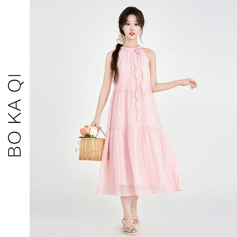 简温2024夏季新款无袖挂脖式连衣裙女温柔风海边度假收腰中长裙潮