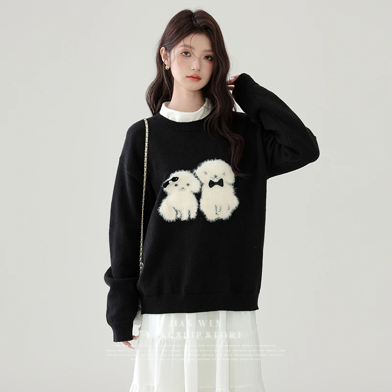 2025秋冬新款黑色卡通圆领小狗针织衫女宽松套头毛衣慵懒风上衣潮