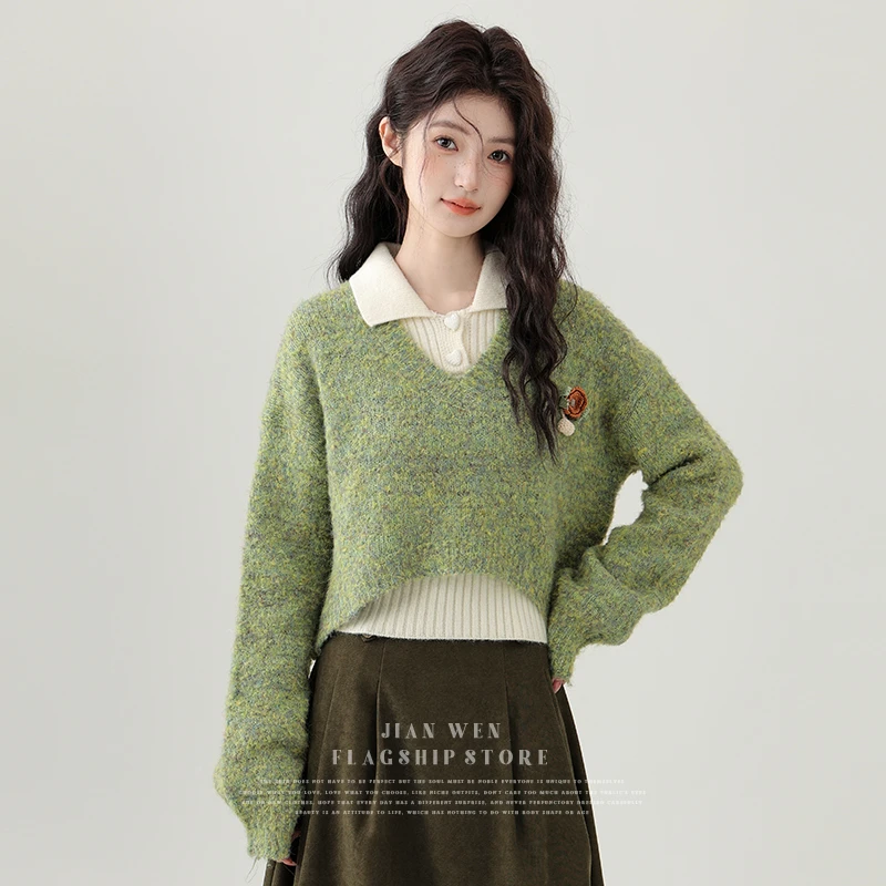 简温2025春秋新款慵懒风设计感针织衫毛衣背心套装女上衣两件套潮