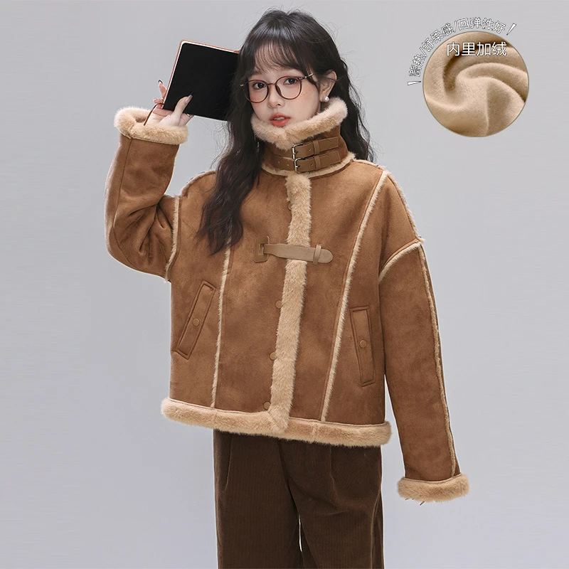 简温2025冬季新款仿羊羔毛加厚加绒外套女保暖皮毛一体短款大衣潮