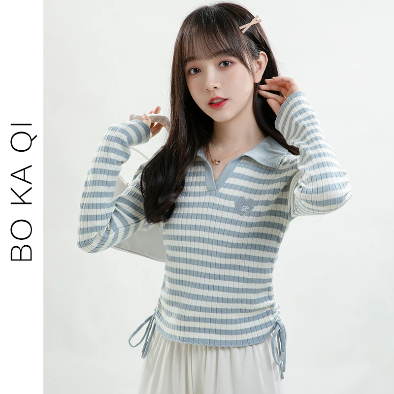 简温2023秋季新款条纹爱心刺绣针织衫女修身长袖翻领短款上衣潮