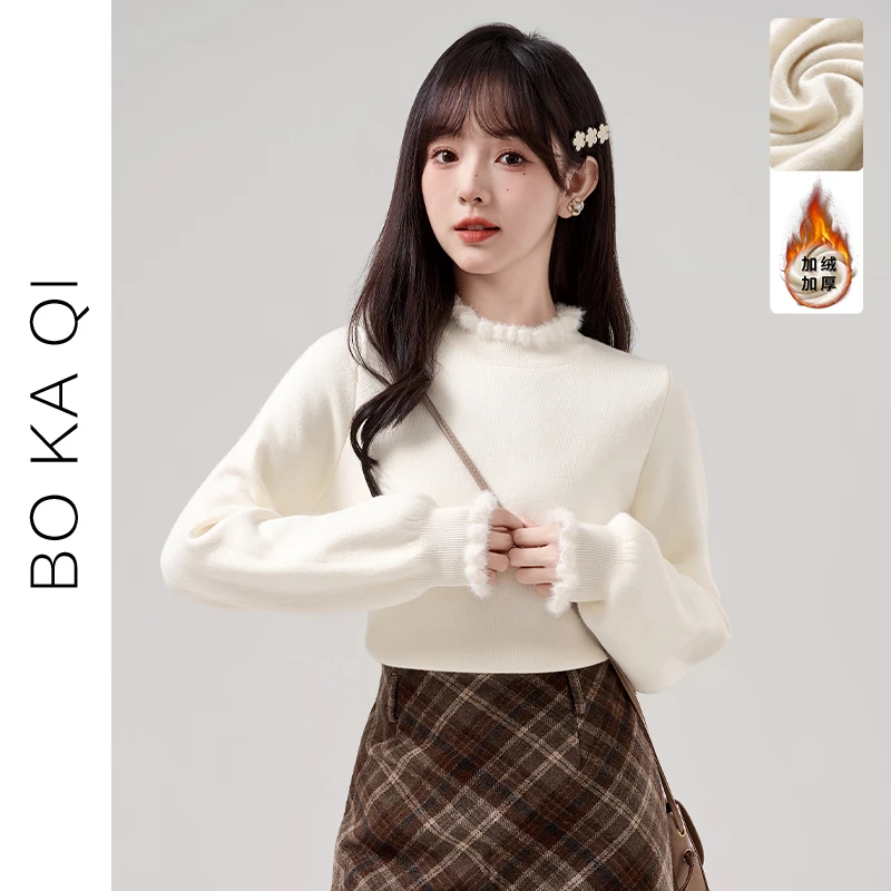 简温2025秋冬新款半高领加绒加厚针织衫女小个子内搭打底毛衣潮