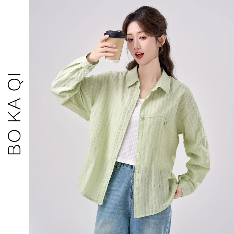 简温2025夏季新款宽松小清新条纹衬衫女绿色长袖内搭衬衣上衣休闲