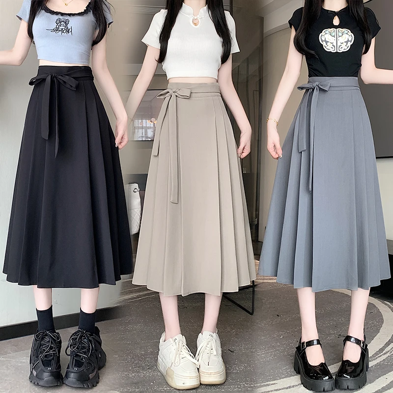 简温2025夏季新款国风显瘦高腰半身裙女新中式绑带设计感百搭裙子