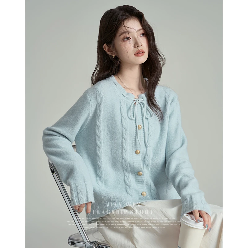 2025春秋新款蝴蝶结宽松设计长袖针织开衫女蓝色软糯麻花毛衣外套