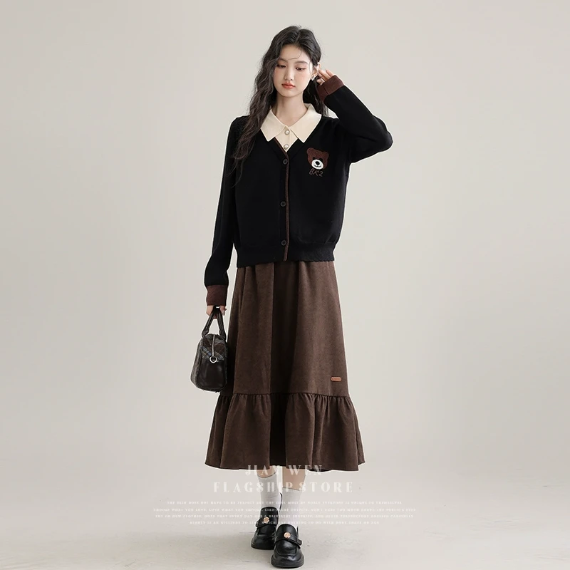 2025春秋新款不规则a字灯芯绒半身裙女小个子花边全松紧腰裙子潮