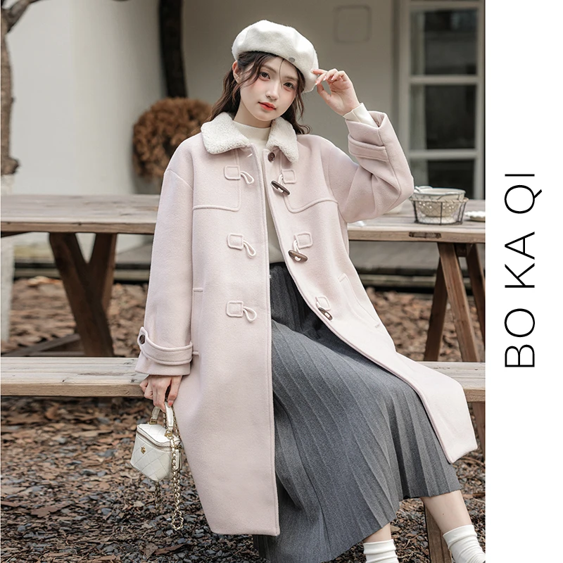 简温2025秋冬新款翻领中长款毛呢外套女韩版宽松牛角扣呢子大衣潮