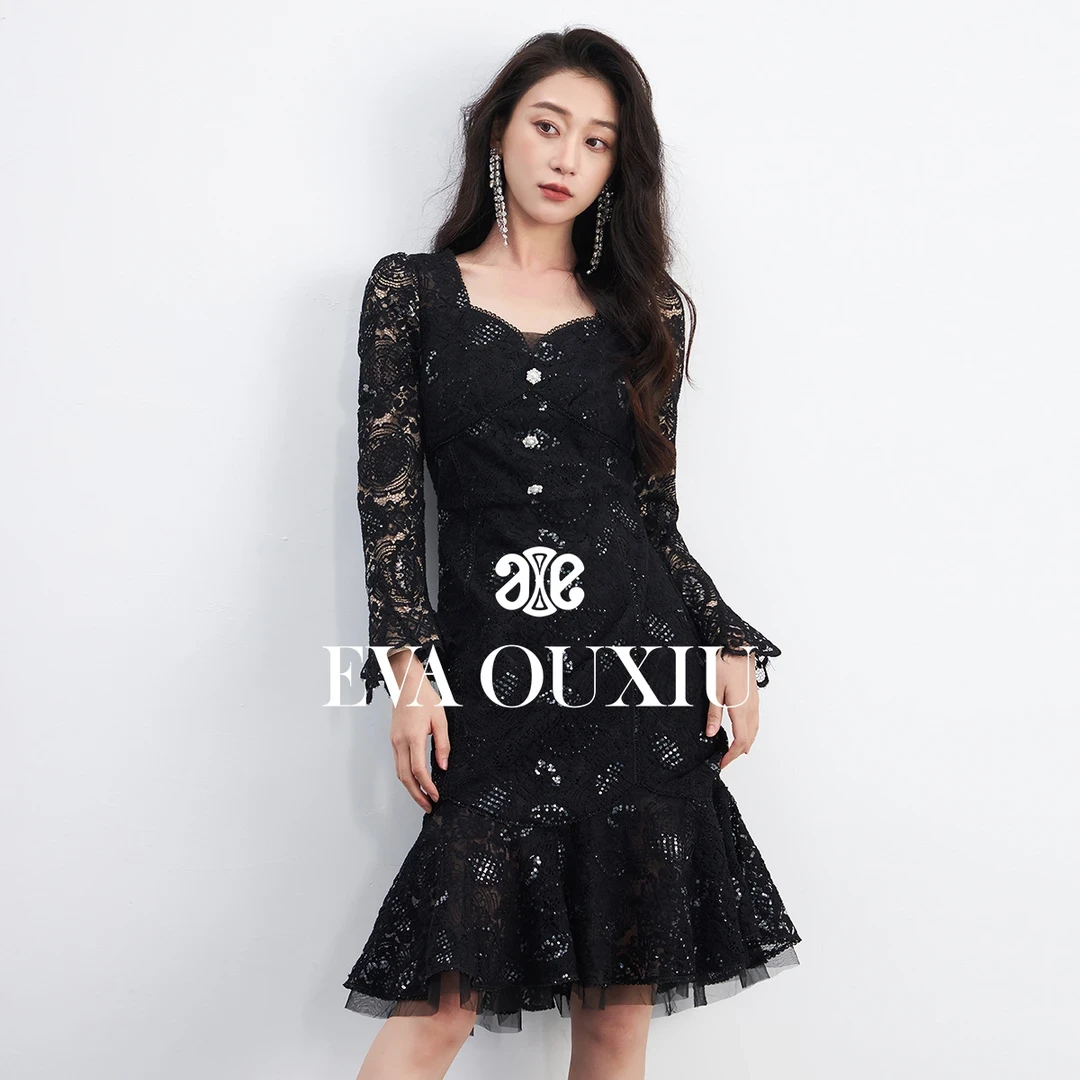 EVA OUXIU/伊华欧秀显瘦时尚气质蕾丝长袖裙子连衣裙 45KAQ5551