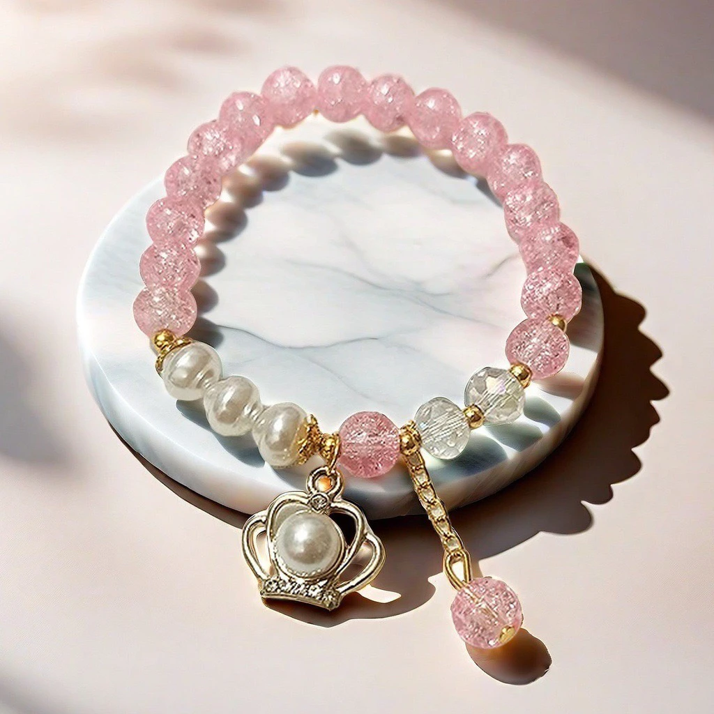 铜合金手链 粉色爆花琉璃手串女 镶王冠手链精品