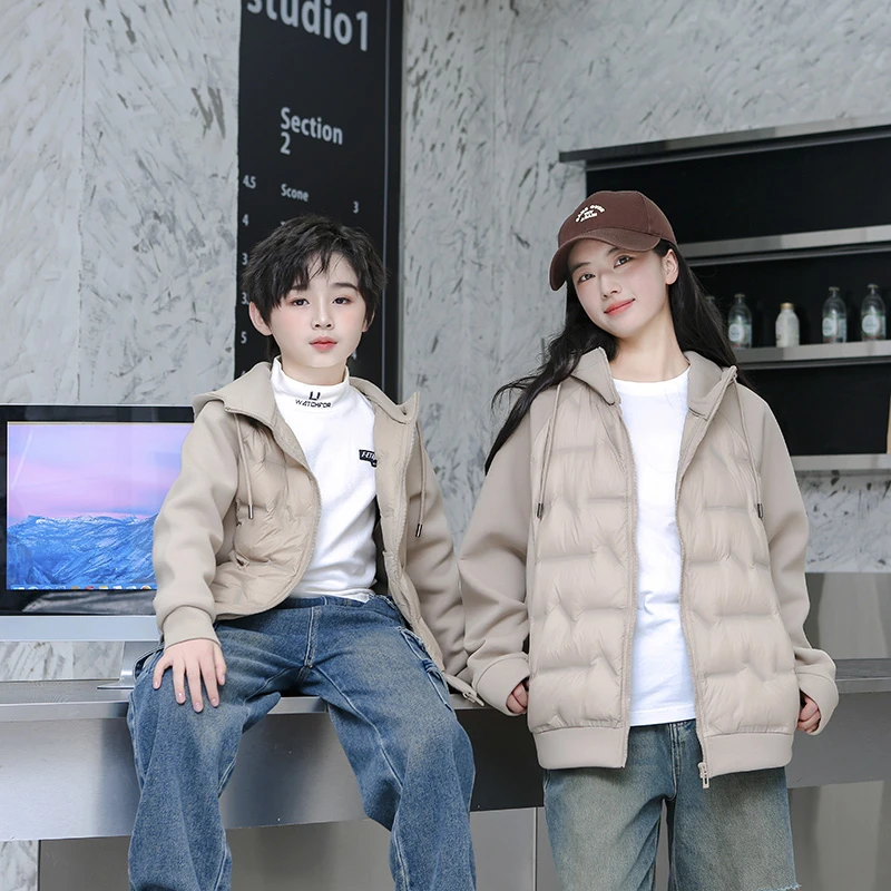 G105#XN1011R款儿童男女款卫衣针织拼接袖羽绒服连帽轻薄外套