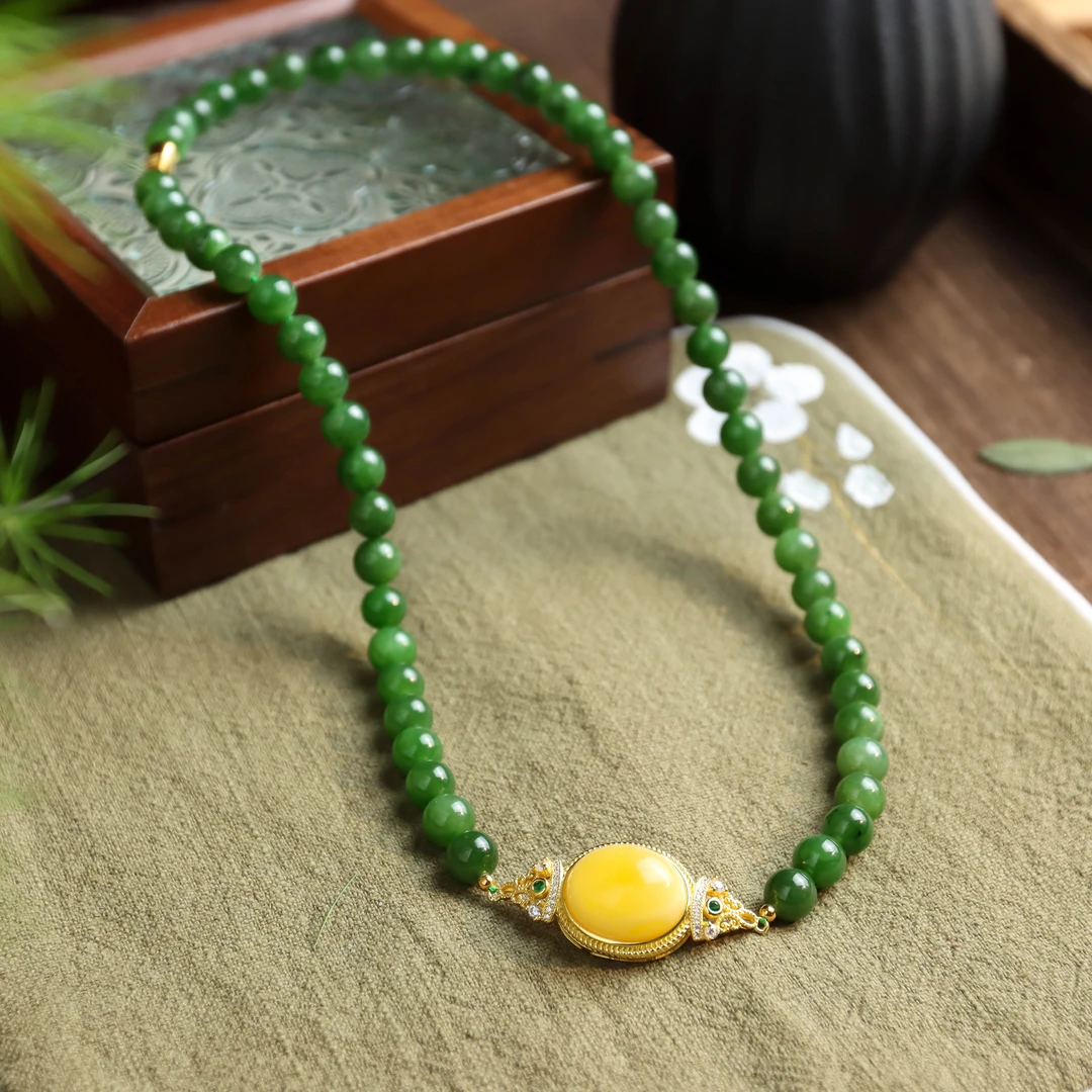 【蔓时光】和田碧玉圆珠蜜蜡大蛋面百搭气质送礼女款毛衣链妈妈链