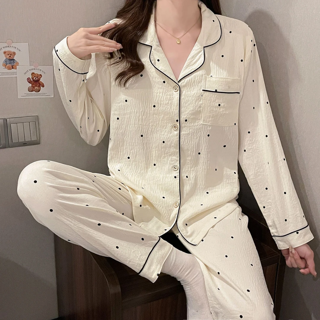 睡衣女带胸垫2024新款春秋季长袖长裤简约翻领少女家居服两件套装